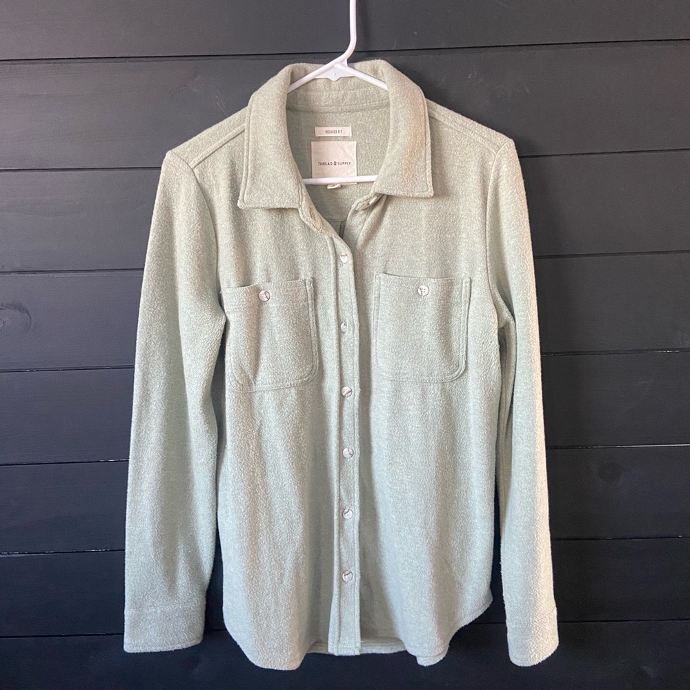 Womens super soft fleece button up shirt light green